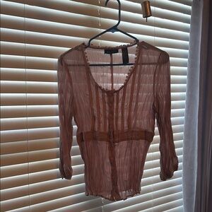 Brown Ribbed Fitted 3/4 Sleeve Blouse
